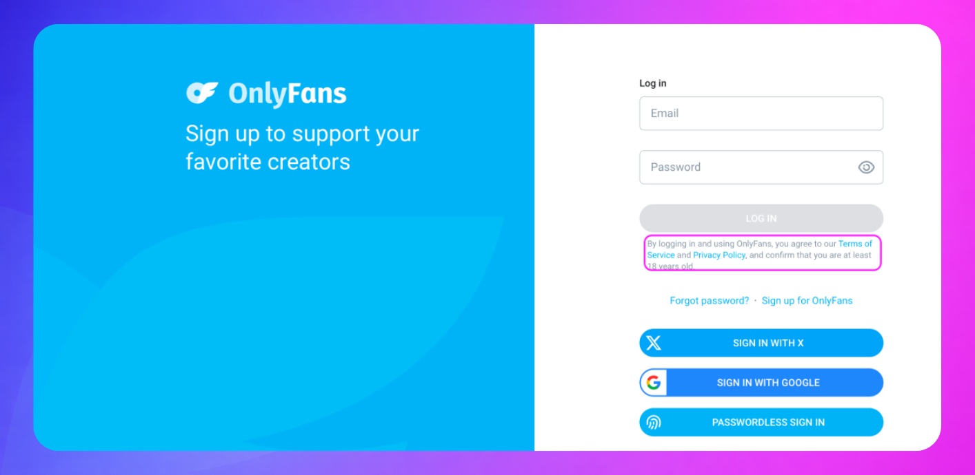 OnlyFans sign up page 2026